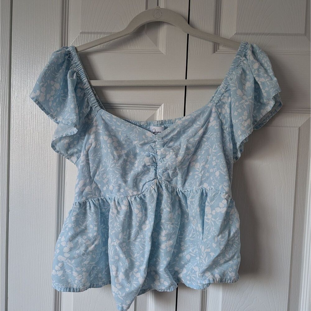 Japra Blue & White Floral Babydoll Ruffle Rayon Tee Large Summer Beachy Y2K